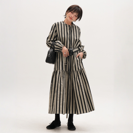 【ワンピース】春 秋 ストライプ柄 POLOネック マーメイドヘム 長袖 ワンピース 【JZシリーズ】