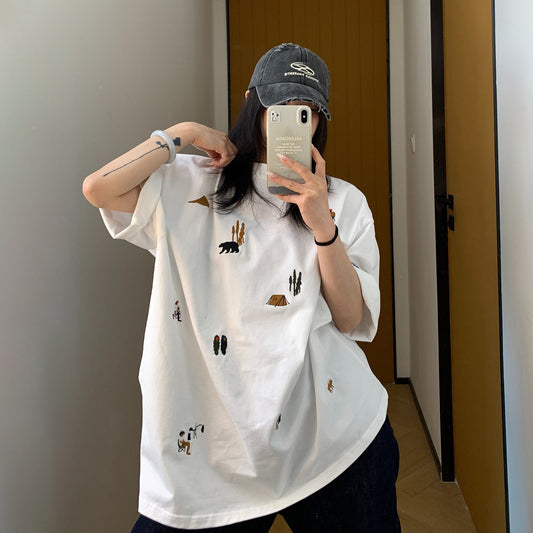 【トップス】夏新作 オーバーサイズ ヴィンテージ風 カートゥーン刺繍 半袖Tシャツ【FCシリーズ】