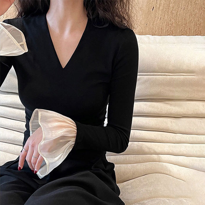 【トップス】春秋冬 Vネック ベルスリーブ 着痩せ ニットセーター【SNシリーズ】