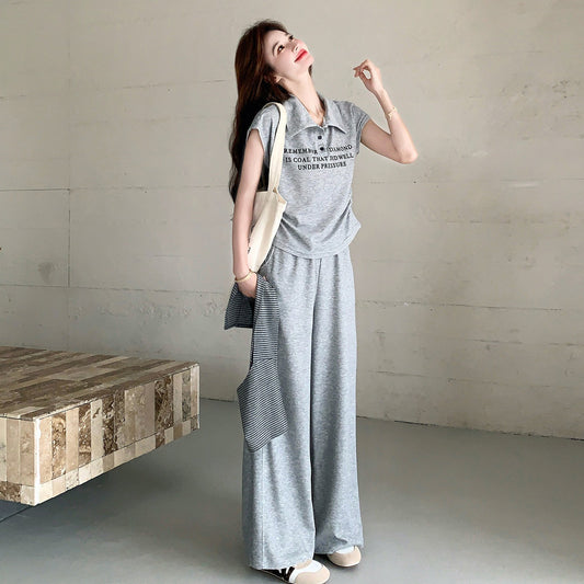 2点セット！【セットアップ】韓国系 グレー ストライプ Tシャツ × ワイドパンツ 夏新作 カジュアル ゆったり 動きやすい 上下セット レディース【JZシリーズ】