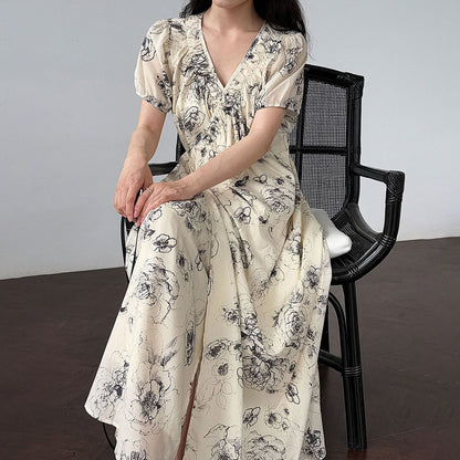 【ワンピース】フレンチ夏新作 上品クラシック水墨画風 花柄ラップ半袖ワンピース【SHシリーズ】【JZシリーズ】