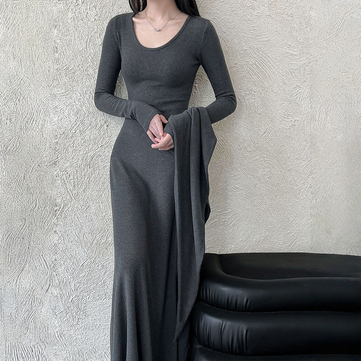 【ワンピース】春 秋 冬ラウンドネック ニット ショール付き  長袖 ワンピース 【JZシリーズ】