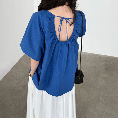 【トップス】韓国風 夏新作 ギャザー×バックオープン デザイン感ラウンドネック半袖ブラウス【SNシリーズ】