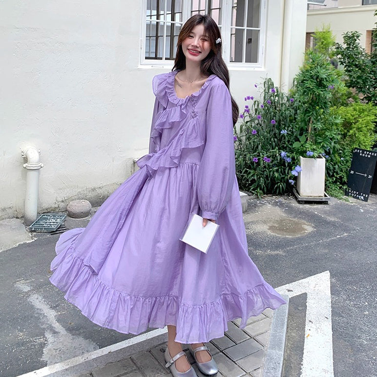 【ワンピース】フレンチ風パープルワンピース レディース 長袖 ロング丈 春夏秋 柔らかい雰囲気【JZシリーズ】