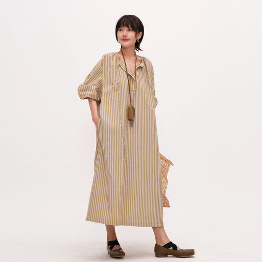 【ワンピース】夏新作 ナチュラルストライプ ゆったりワンピース 薄手七分袖ロングドレス 大きめサイズ カジュアル文芸風【JZシリーズ】【SHシリーズ】