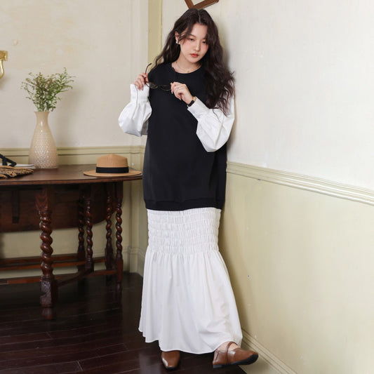 【ワンピース】春秋新作 ゆったり長袖スウェット風 レイヤード風ワンピース ロング丈