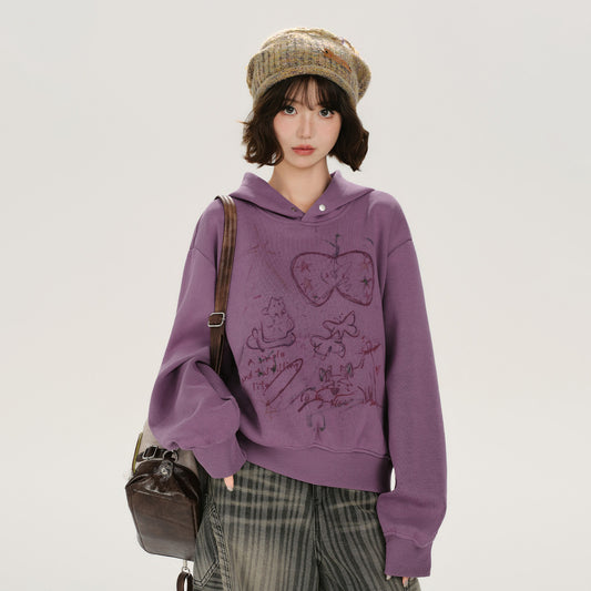 【トップス】アメリカンヴィンテージプリント加工 フード付き長袖スウェットシャツ レディース 秋新作 ゆったりシルエット スリム効果 パーカー【FCシリーズ】