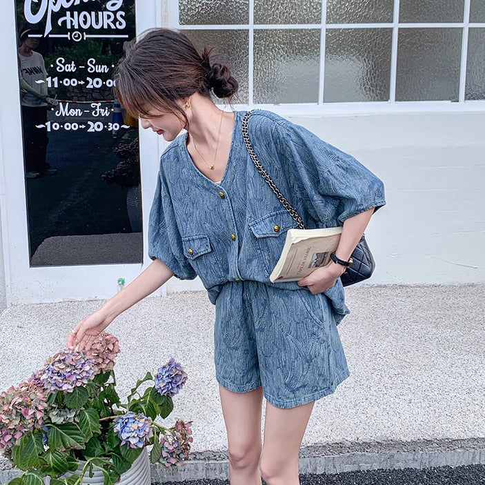 2点セット【セットアップ】ジャカードデニムセットアップ 薄手＆高見え 若見えショートパンツ上下セット【JZシリーズ】【SHシリーズ】