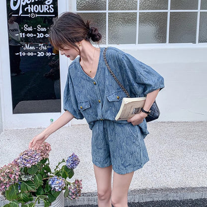 2点セット【セットアップ】ジャカードデニムセットアップ 薄手＆高見え 若見えショートパンツ上下セット【JZシリーズ】【SHシリーズ】