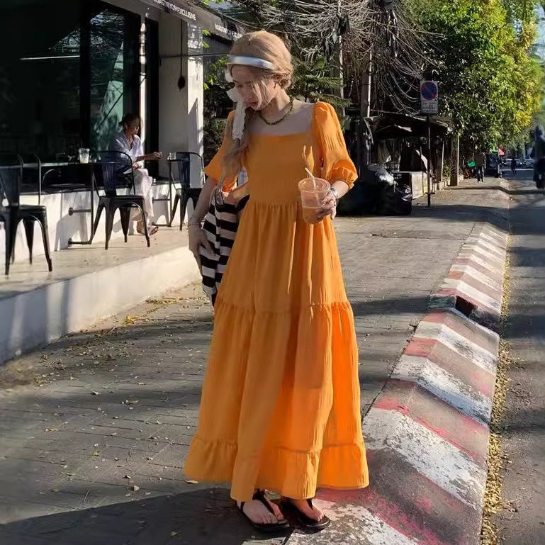 【ワンピース】韓国風 気質 美白効果 スタイルアップ 無地 半袖ワンピース 夏 スイートレディ風 リゾートコーデ