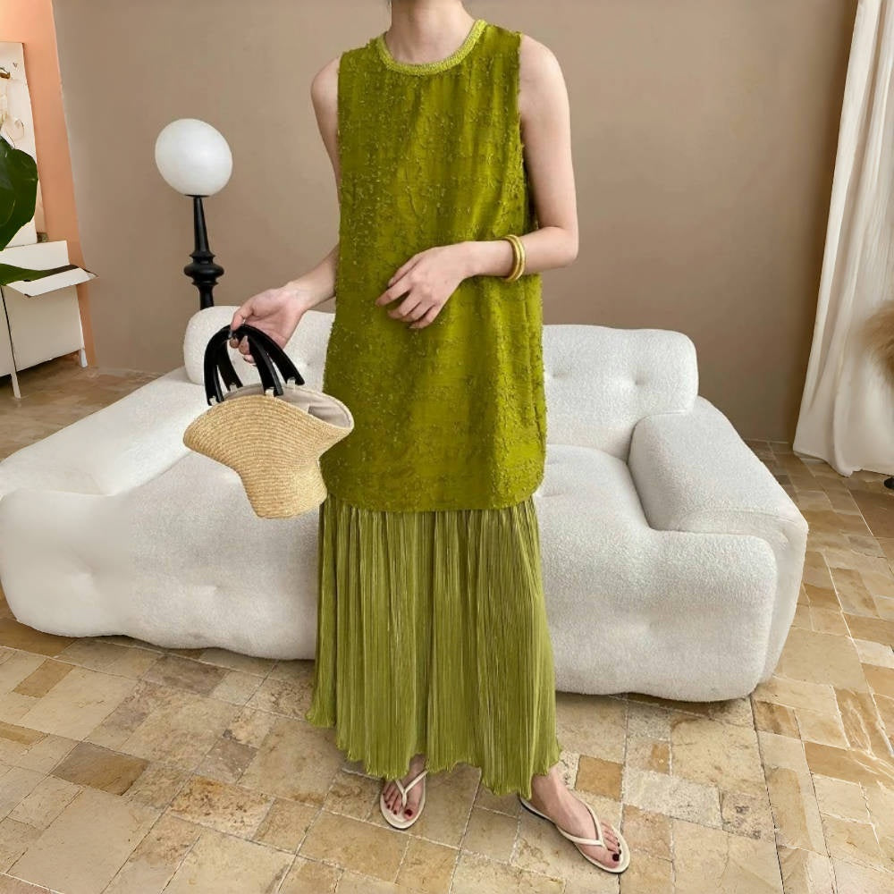 【ワンピース】夏 テンセル フェイクレイヤード ノースリーブ ワンピース【SNシリーズ】