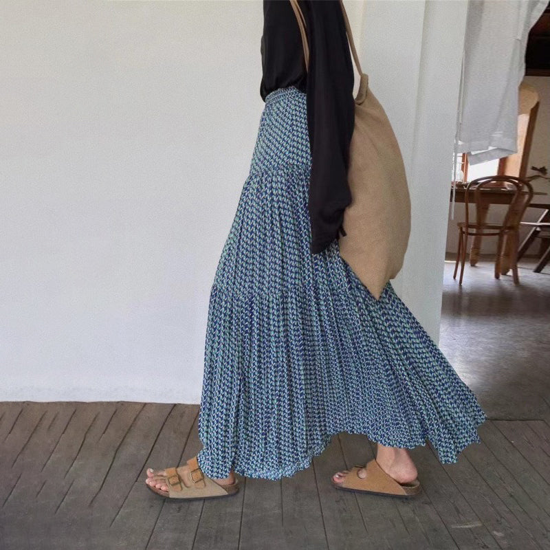 【ボトムス】ハイウエスト フラワープリーツスカート ロング丈 ゆったり 体型カバー 韓国風 おしゃれコーデ【SHシリーズ】