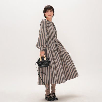 【ワンピース】ストライプ ワンピース 秋 オリジナル 日本風 ゆったり ミディアム丈 長袖 ロングワンピース【SHシリーズ】【JZシリーズ】【15-25日発送】