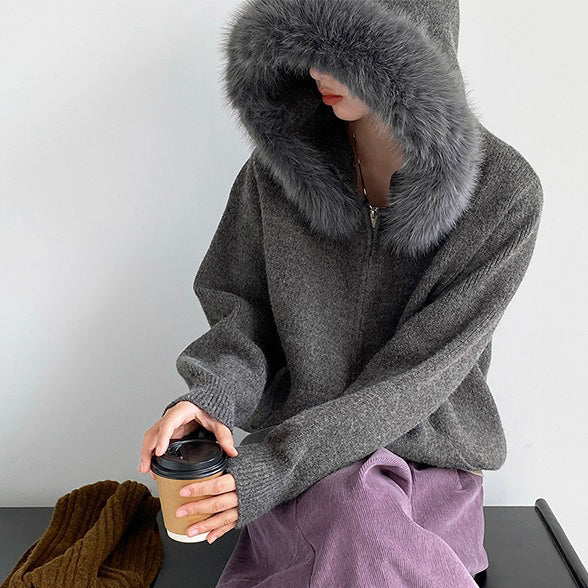 【アウター】取り外し可能ファー付き フードジップニットアウター 冬 韓国風 カジュアル ゆったりカーディガン【JZシリーズ】