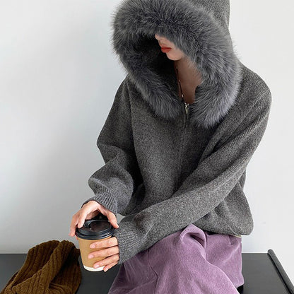 【アウター】取り外し可能ファー付き フードジップニットアウター 冬 韓国風 カジュアル ゆったりカーディガン【JZシリーズ】