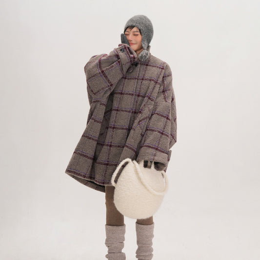 【アウター】レトロムード漂うチェック柄ケープコート♡ ゆったりシルエットで冬も暖かく上品に【JZシリーズ】【25~30日内発送】