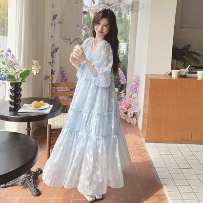 【ワンピース】ライトブルー 七分袖 小花柄 ワンピース レディース 夏 ロマンチック スイート系 フレアシルエット フェアリードレス【SHシリーズ】