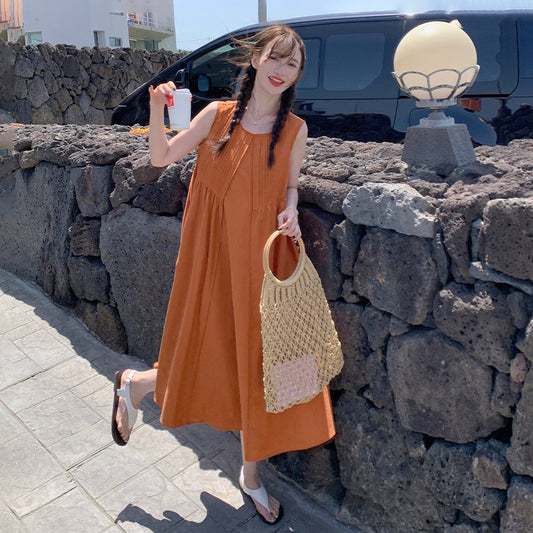 【ワンピース】リゾートワンピース ノースリーブ オレンジカラー ゆったりシルエット 上品 夏 海辺 ビーチコーデ【JZシリーズ】