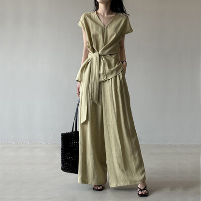 【セットアップ】【単品注文】夏 Vネック ノースリーブ シャツ + ワイドパンツ 2点上下セット 【SNシリーズ】