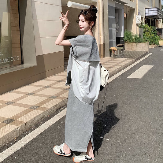 2点セット！【セットアップ】カジュアル 切り替え半袖スウェット＋スカート 上下セット レディース 夏 韓国風 ユニークで美しいコーデ【JZシリーズ】