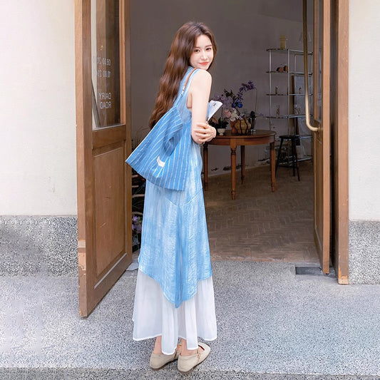 【ワンピース】夏 レディース ブルータイダイ ノースリーブ ワンピース 配色 染め柄 大人可愛い 体型カバー ファッション【SHシリーズ】