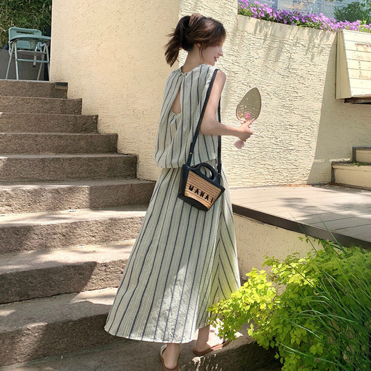 2点セット！【セットアップ】後ろ姿まで抜かりない…♡ ストライプ トップス＋スカート 上下セット 夏コーデ 大人かわいい こなれ感◎【JZシリーズ】