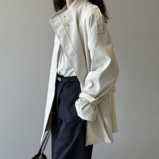 【アウター】ブリティッシュスタイル スタンドカラー トレンチコート レディース 秋 ゆったり カジュアル ベルト付きウエストマーク ショートコート【JZシリーズ】
