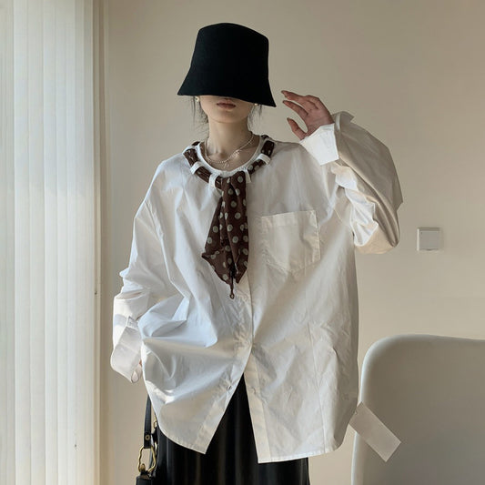 【トップス】韓国風 オーバーサイズ ハイブランド風 デザイン感 丸首 レトロトップス ドット柄 スカーフリボン付き シャツ レディース【JZシリーズ】