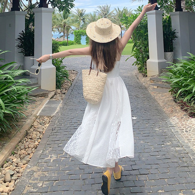 【ワンピース】リゾート風 フレンチ ホワイトレース ノースリーブワンピース 夏 レディース ウエストマーク キャミワンピース【JZシリーズ】