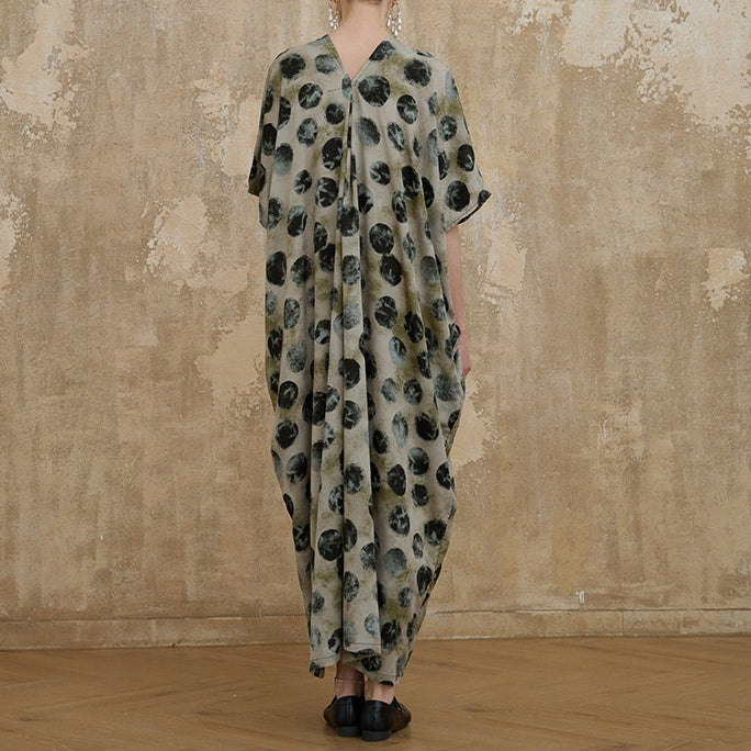 【ワンピース】ヴィンテージ風 ゆったり 大きめサイズ ロング丈 細見え 上品 半袖 ワンピース【SHシリーズ】