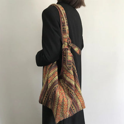 【バッグ】2WAY ヴィンテージ民族刺繍＆ストライプ キャンバス大容量バッグ ボディバッグ/ショルダーバッグ【SHシリーズ】