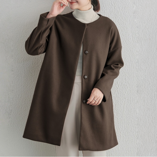 【アウター】春 秋 冬 ラウンドネック ボタン留め メルトン コート
