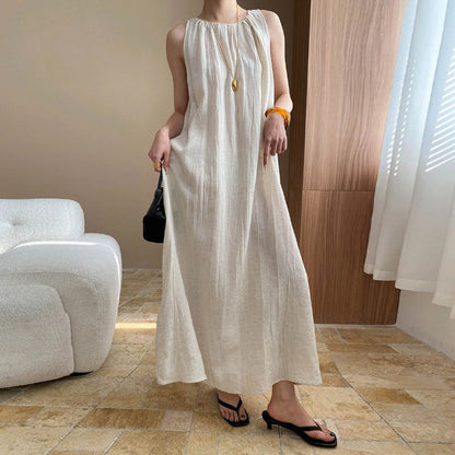 【ワンピース】リラックス感 ホリデースタイル クルーネック ギャザーデザイン ノースリーブワンピース【SNシリーズ】