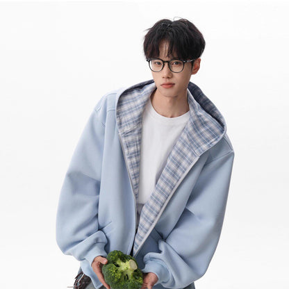 【アウター】アメリカンチェック切り替え フード付きパーカー 男女兼用 春秋 ゆったり ルーズ カジュアル スポーツジャケット【FCシリーズ】