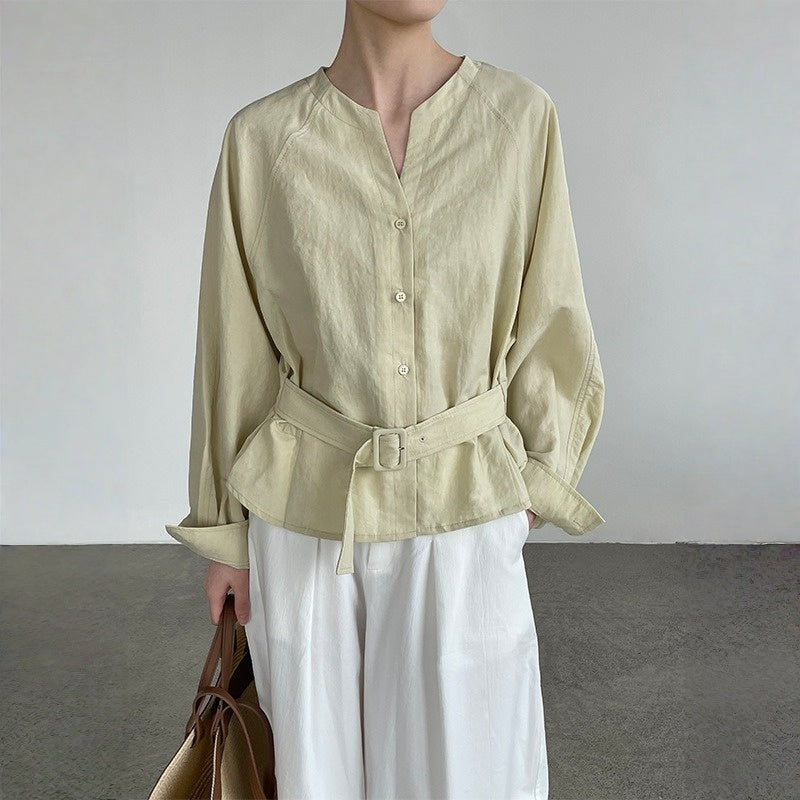 【トップス】ウエストシェイプ Vネック 通勤スタイル リボン付き シャツ 【JZシリーズ】