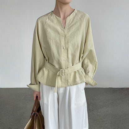 【トップス】ウエストシェイプ Vネック 通勤スタイル リボン付き シャツ 【JZシリーズ】