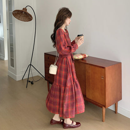 【ワンピース】レトロチェック ウエストマーク 長袖ワンピース レディース 春秋 上品フレンチ風 エレガント 【SHシリーズ】