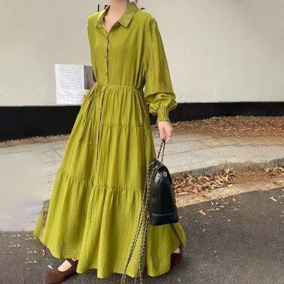 【ワンピース】7カラー 韓国風 ゆったり 大きめサイズ シングルボタン エレガント 長袖ワンピース