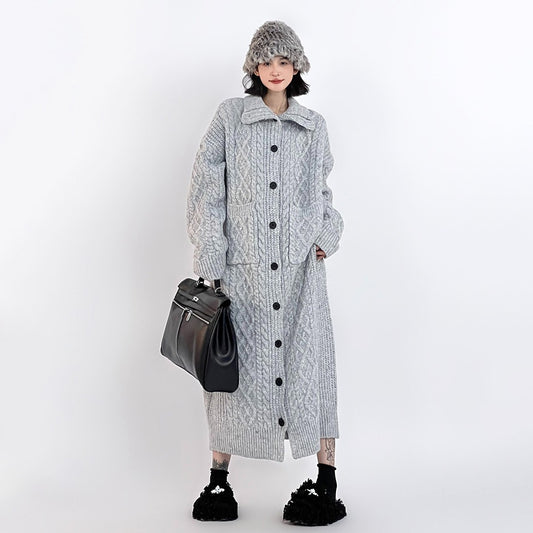 【アウター】秋冬新作 グレー ゆったり ロングカーディガン ニットコート 韓国風【FCシリーズ】