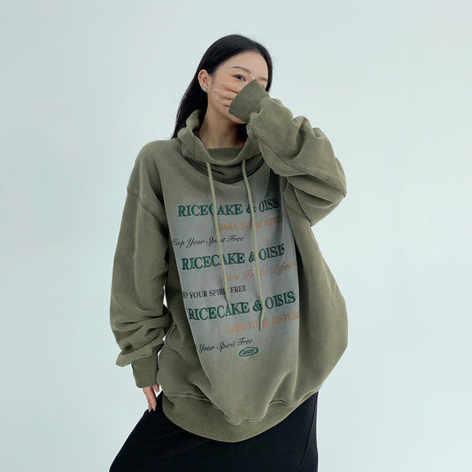 【トップス】レトロ風ダメージ加工 刺繍入りハイネック裏起毛スウェット レディース 冬新作 パーカー【FCシリーズ】