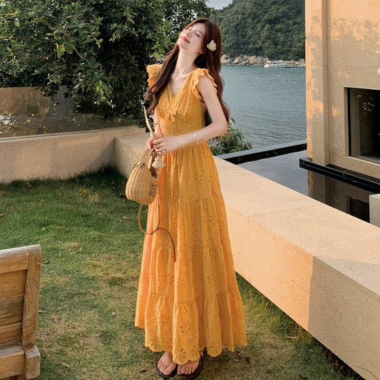 【ワンピース】フレンチロマン オレンジ Vネック カットワーク刺繍 フレアワンピース レディース ノースリーブ 夏 大人可愛い リゾートコーデ ゆったり【JZシリーズ】