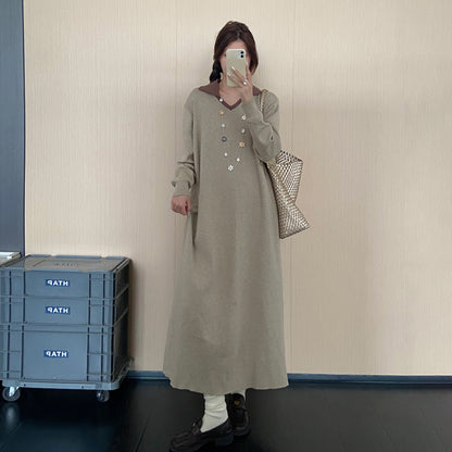 【ワンピース】大きいサイズ襟付きニットワンピース レディース 秋冬新作 ゆったり 体型カバー ロング丈【JZシリーズ】