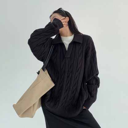 【トップス】フェイクレイヤード風 プルオーバー ニット レディース ゆったり厚手 折り襟デザイン【FCシリーズ】