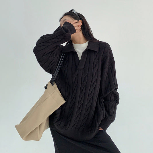 【トップス】フェイクレイヤード風 プルオーバー ニット レディース ゆったり厚手 折り襟デザイン【FCシリーズ】