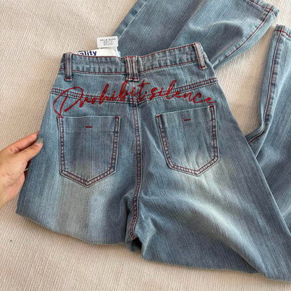 【ボトムス】刺繍デザイン ワイドデニムパンツ レディース ハイウエスト 美脚シルエット ライトブルー ロング丈【FCシリーズ】