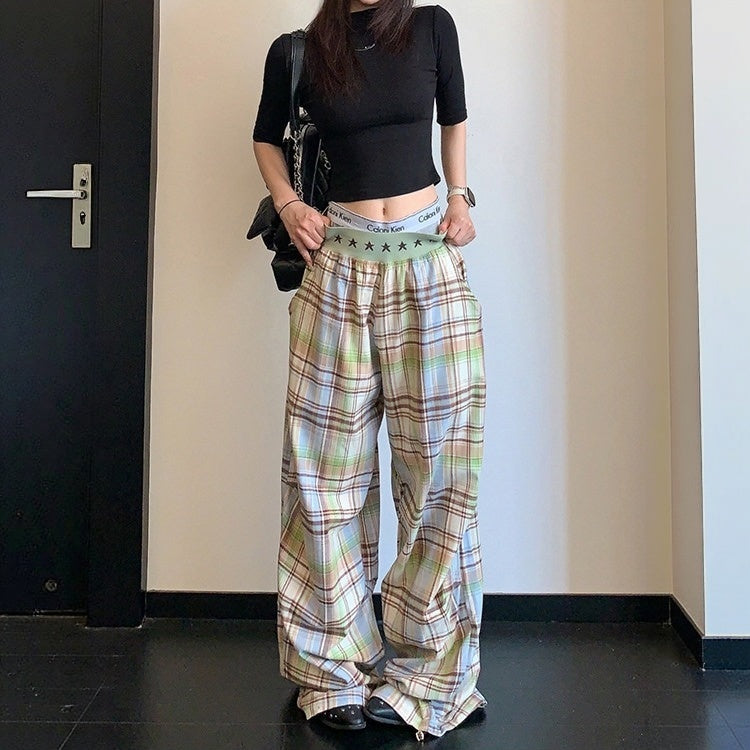 【ボトムス】チェック柄 ストレート デザイン性のある レトロ ワイドパンツ 【FCシリーズ】