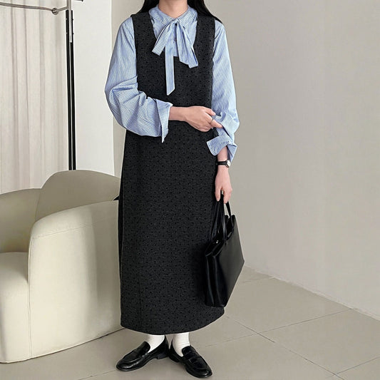 【ワンピース】春 秋 冬 ツイード生地 大きなUネック サスペンダースカート ワンピース 【JZシリーズ】