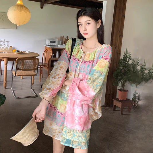 2点セット！【セットアップ】旅行・バカンス風 ドーパミンコーデ UVカット 上下セット 長袖シャツ＋ハイウエストショートパンツ【SHシリーズ】