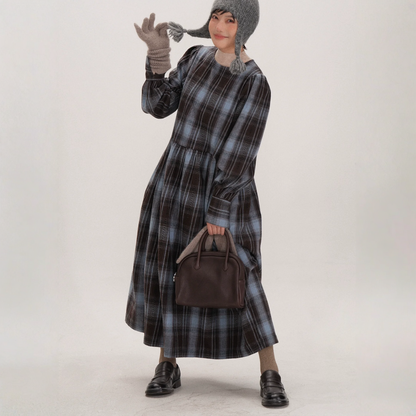 【ワンピース】起毛素材 チェック柄 レトロ クルーネック 長袖 ワンピース 【JZシリーズ】