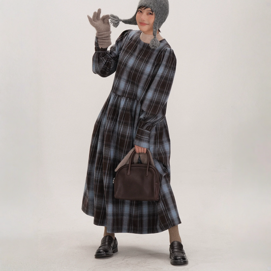 【ワンピース】起毛素材 チェック柄 レトロ クルーネック 長袖 ワンピース 【JZシリーズ】